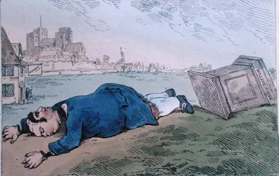 The Fall of Dagon, or Rare News for Leadenhall Street, utgiven av William Humphrey 1784 (handkolorerad etsning)