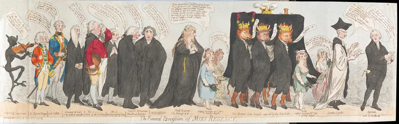 Miss Regencys begravningsprocession, pub. 1789 (handfärgad gravyr)
