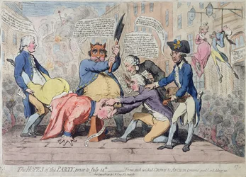 Partiets förhoppningar före den 14 juli - "Från sådana onda Crown and Anchor-drömmar, gode Gud fräls oss", publicerad av S.W. Fores 1791 (handkolorerad etsning)
