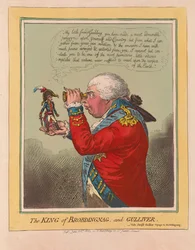 Kungen av Brobdingnag och Gulliver, pub. 1803 (handfärgad gravyr)