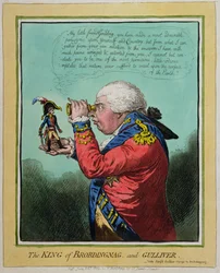 Kungen av Brobdingnag och Gulliver, utgiven av Hannah Humphrey 1803 (handkolorerad etsning)