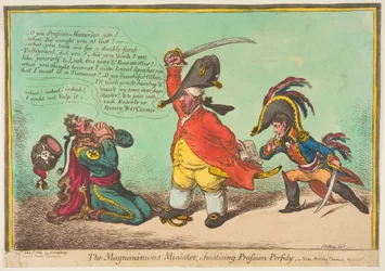 Magnanimous-ministern, tuktar preussisk-perfidy, pub. 1806 (handfärgad gravyr)
