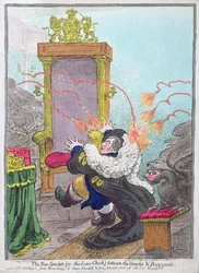 Den nya talaren (dvs. lagkungen) mellan hökar och gärdsmyg, publicerad av Hannah Humphrey år 1800 (handkolorerad etsning).