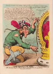 The Rights of Man, eller Tomm Paine, den lilla amerikanen Taylor tar mått på kronan för ett nytt par revolutionsbyxor, pub. 1791 (handfärgad gravyr)