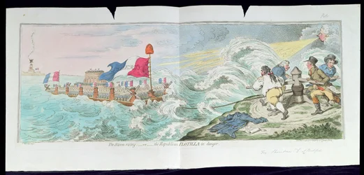 The Storm Rising, or The Republican Flotilla in danger, utgiven av Hannah Humphrey 1798 (handkolorerad etsning)