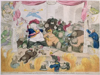 The Surrender of Amsterdam, or The Duke of Brunswick (1771-1815) in a Bustle, utgiven av S.W. Fores 1787 (handkolorerad etsning)