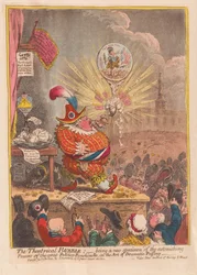 Theatrical Bubble: att vara ett nytt exemplar av den stora Politico-Punchinellos häpnadsväckande krafter i konsten att dramatiskt puffande, pub. 1805 (handfärgad gravyr)
