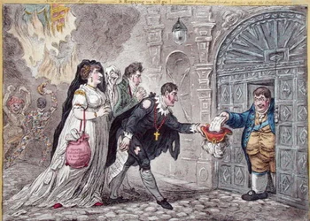 Theatrical Mendicants relieved, publicerad av Hannah Humphrey 1809 (handfärgad etsning)