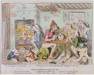 Un Petit Souper a la Parisienne, eller En familj av Sans-Culottes som tar igen sig efter dagens trötthet, utgiven av Hannah Humphrey 1792 (handkolorerad etsning)