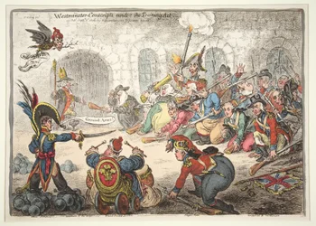 Westminster-värnpliktiga under utbildningslagen, 1806 (handfärgad gravyr)