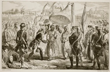 Lord Clives möte med Meer Jaffier, efter slaget vid Plassey, graverat av Thomas Williams