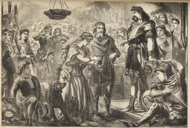 Vortigern (Gwrtheyrn) (500-talet), bretonernas kung, och Rowena - Rowena, Hengists dotter, erbjuder vin till Vortigern, britternas stamkung - Vortigern, kung av Britannien, förälskad i Rowena vid Hengists, den sachsiske generalens, bankett - gravyr