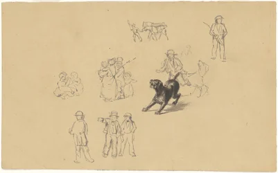 Skällande hund och studier för milisutbildning, ca 1841 (grafit)