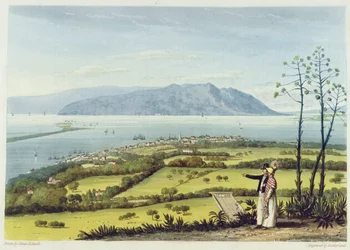Kingston och Port Royal från Windsor Farm, från "A Pictureseque Tour of the Island of Jamaica", graverad av Thomas Sutherland, 1825.