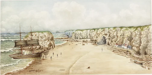 Brig på grund vid Marsden Rock (akvarell, kroppsfärg och penna på papper på kort))