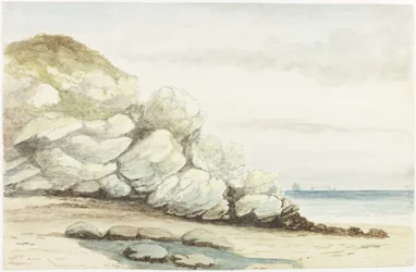 Durham Coast nära Marsden (akvarell, kroppsfärg och penna på papper på kort)