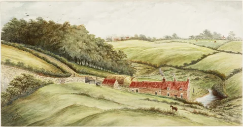 Hedworth Farm (akvarell, kroppsfärg och penna på papper)