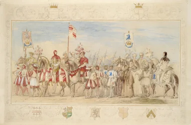 William Earl of Craven, grevens riddare och Henry de la Poer Beresford, markis av Waterford, drakens riddare, 1839 (blyerts, wc, gouache och guldfärg på papper) (se även 366230)