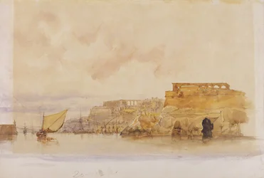 Utsikt över Valletta, Malta (akvarell med kroppsfärg över grafit på papper)