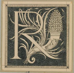 Stor bokstav R, illustration från Vår Herre Jesu Kristi liv (bläck på papper)