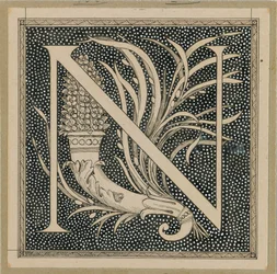 Stor bokstav N, illustration från Vår Herre Jesu Kristi liv (bläck på papper)