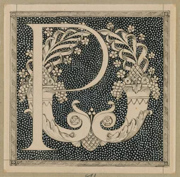 Stor bokstav P, illustration från Vår Herre Jesu Kristi liv (bläck på papper)
