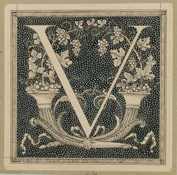 Stor bokstav V, illustration från Vår Herre Jesu Kristi liv (bläck på papper)