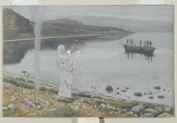 Kristus uppenbarar sig vid Tiberiasjöns strand, illustration från Vår Herre Jesu Kristi liv, 1886-94 (wc över grafit på papper)