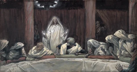 Han visade sig för de elva när de satt vid köttet, illustration från The Life of Christ, c.1884-96 (wc & gouache på kartong)