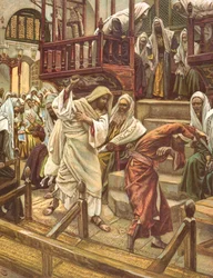 Jesus botar en man som är besatt av en demon i synagogan, illustration till "La Vie de notre Seigneur Jésus-Christ", utgiven i Tours 1896