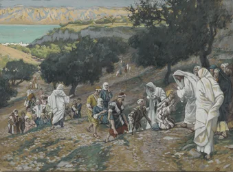 Jesus helar de blinda och lama på berget, illustration från Vår Herre Jesu Kristi liv (wc över grafit på papper)