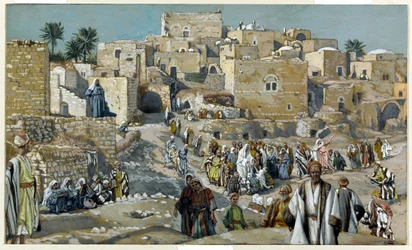 Jesus går genom byarna på väg till Jerusalem, illustration till Kristi liv, ca 1884-96