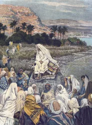 Jesus Teachs on the Shore - Jesus Teaching on the Sea-Shore - från "" The Life of Our Lord Jesus Christ"" - 1899 av James Tissot - The Life of Our Lord Jesus Christ, av Jacques Joseph (Jacques Joseph) Tissot dit James Tissot (1836-1902)