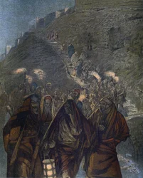 Judas och med honom en stor skara - Judas och med honom en stor skara - från "" The Life of Our Lord Jesus Christ"" - 1899 av James Tissot - La vie de notre seigneur Jesus Christ, av Jacques Joseph (Jacques-Joseph) Tissot dit James Tissot (1836-190