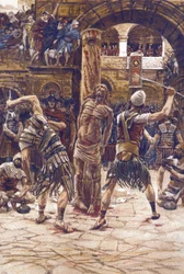 La piska du visage - The Scourging of the Face - från "" The Life of Our Lord Jesus Christ"" - 1899 av James Tissot - La vie de notre seigneur Jesus Christ, av Jacques Joseph (Jacques-Joseph) Tissot dit James Tissot ( 1836-1902)