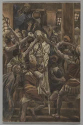 Misshandel i Kaifas hus, illustration från Vår Herre Jesu Kristi liv, 1886-94 (wc över grafit på papper)