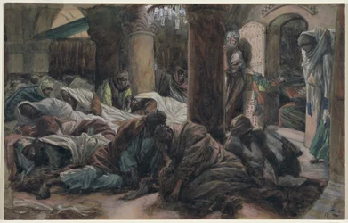 Maria Magdalena springer och berättar för lärjungarna att Kristi kropp inte längre finns i graven, illustration till The Life of Christ, c.1886-94 (wc & gouache på kartong)