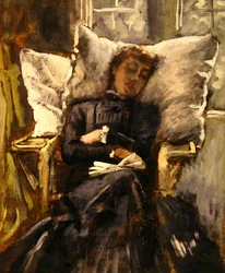 Mrs Newton i en konservatorsstol, ca 1871 (olja på duk)