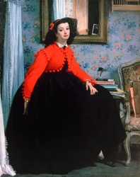 Porträtt av Mlle L L, Ung dam i röd jacka, 1864.