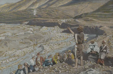 Johannes döparen ser Jesus från fjärran, illustration från Vår Herre Jesu Kristi liv (wc över grafit på papper)