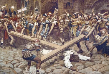 Simon de Cyrene Force to Wear the Cross - Simon of Cyrene tvungen att bära korset - från "" The Life of Our Lord Jesus Christ"" - 1899 av James Tissot - La vie de notre seigneur Jesus Christ, av Jacques Joseph (Jacques Joseph ) Tissot dit James Tissot (