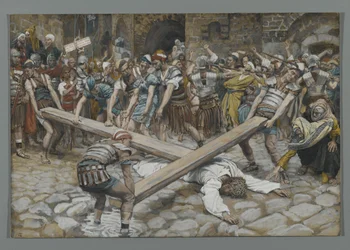 Simon the Cyrenian tvingad att bära korset med Jesus, illustration från The Life of Our Lord Jesu Christ, 1886-94 (wc över grafit på papper)