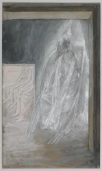 Ängeln som sitter på gravstenen, illustration från Vår Herre Jesu Kristi liv, 1886-94 (wc över grafit på papper)