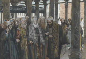 Överprästerna rådgör tillsammans, illustration från Vår Herre Jesu Kristi liv, 1886-94 (wc över grafit på papper)