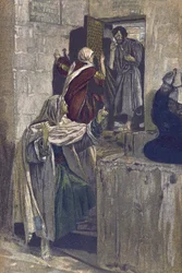 The First Denial of Saint Peter - The First Denial of Saint Peter - från "" The Life of Our Lord Jesus Christ"" - 1899 av James Tissot - La vie de notre seigneur Jesus Christ, av Jacques Joseph (Jacques Joseph) Tissot dit James Tissot (1836-1902)