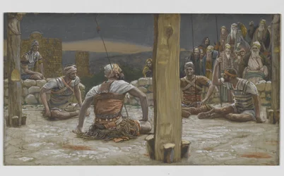 De fyra vakterna satte sig och tittade på honom, illustration från Vår Herre Jesu Kristi liv, 1886-94 (wc över grafit på papper)