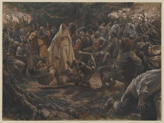 The Guards Falling Backwards, illustration från The Life of Our Lord Jesus Christ, 1886-94 (wc över grafit på papper)
