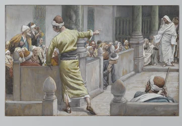 Den helade blinde mannen berättar sin historia för judarna, illustration från Vår Herre Jesu Kristi liv, 1886-96 (wc över grafit på papper)