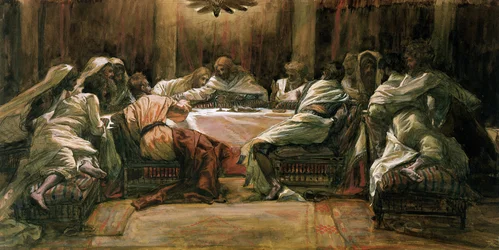Nattvarden. Judas doppar sin hand i fatet, illustration till Kristi liv, cirka 1884-96