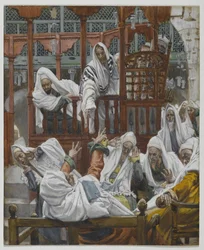 Den besatte mannen i synagogan, illustration från Vår Herre Jesu Kristi liv (wc över grafit på papper)